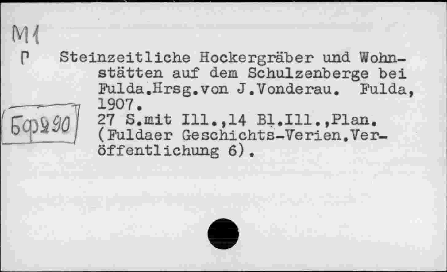 ﻿Çœiâol
-1---/
Ml
P Steinzeitliche Hockergräber und Wohnstätten auf dem Schulzenberge bei Fulda.Hrsg.von J.Vonderau. Fulda 1907.
27 S.mit Ill.,14 Bl.Ill.,Plan. (Fuldaer Geschichts-Verien.Veröffentlichung 6) .